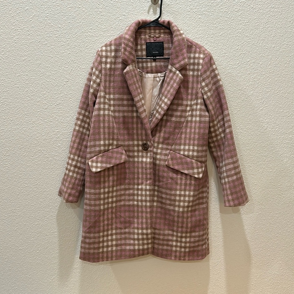 Steve Madden Pink and Cream Plaid Wool Blend Coat